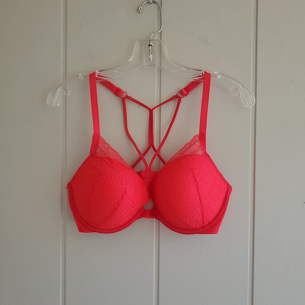 Victoria's Secret PINK Date Night Red Lace FRONT CLOSE push up bra 36D Add Cup